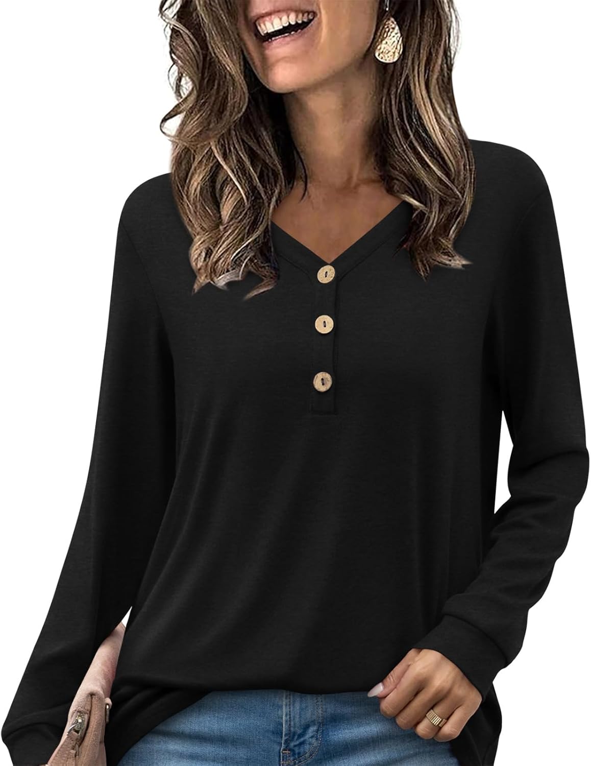 HOTGIFT 2024 Women Winter Fall Tops Shirts Long Sleeve Casual Tshirts Vneck Butt...