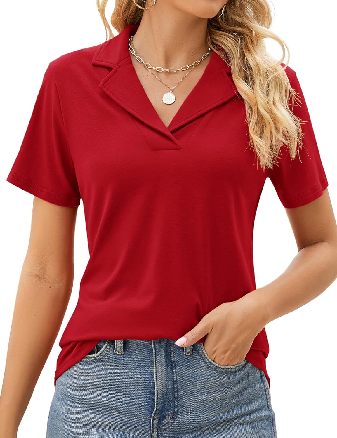 Rapbin Women's Polo Shirts Lapel Collar V Neck Short Sleeve Blouse Dressy Casual...