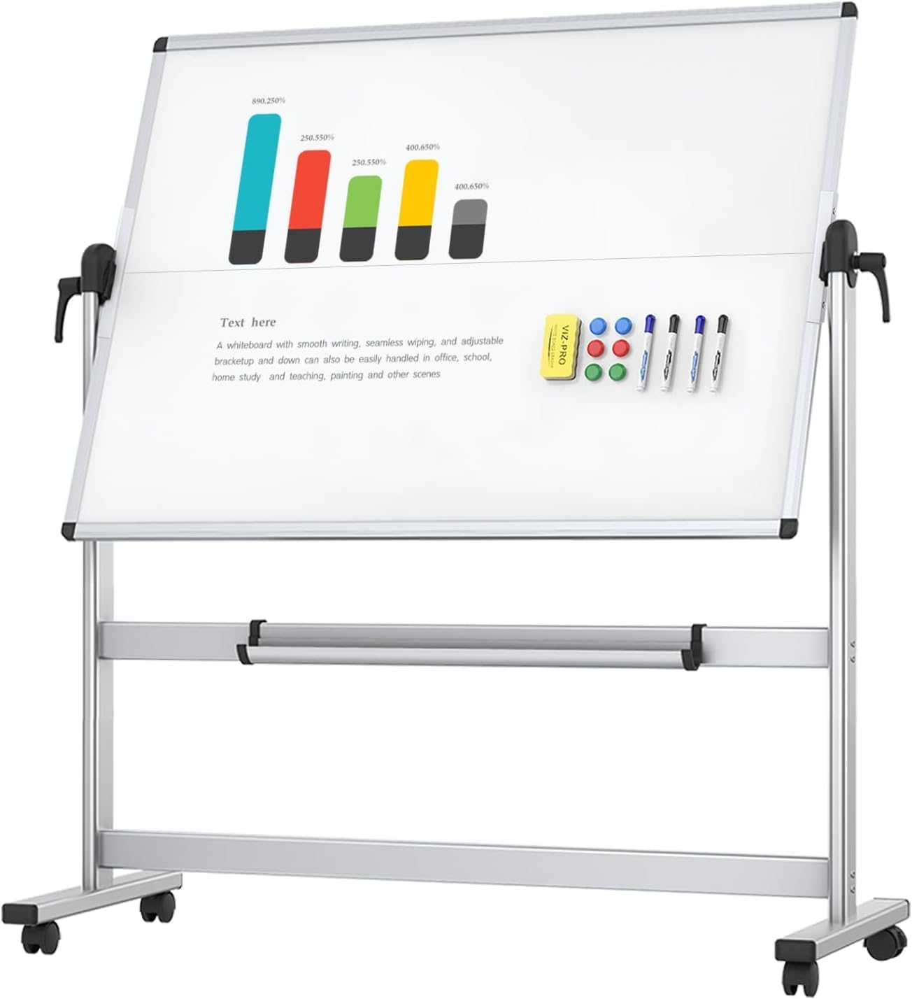 VIZ-PRO Double-Sided Mobile Whiteboard, 48 x 36 Inches, Magnetic Rolling Dry Era...