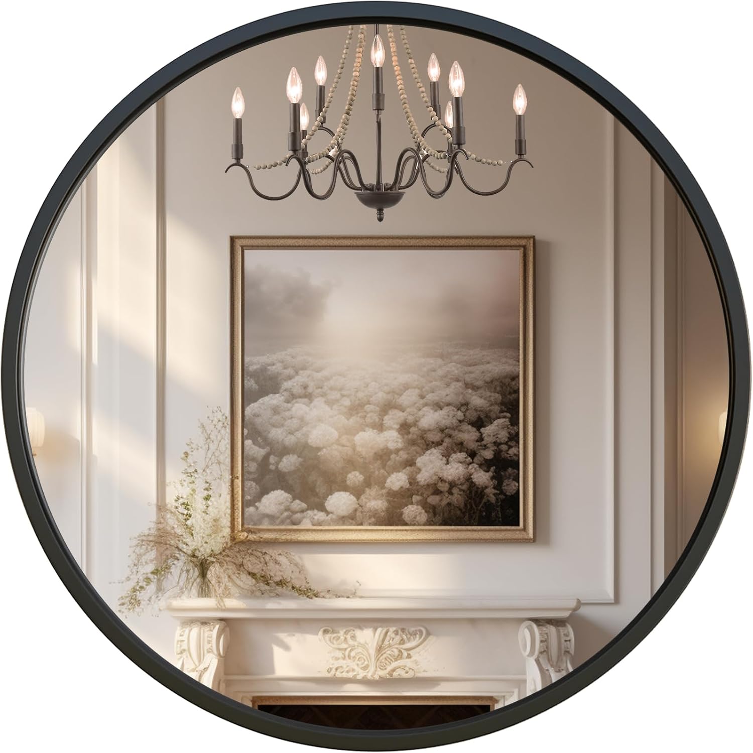G-LEAF Black Round Mirror, Special Circle Mirror for Bathroom, Unique Vanity Mir...