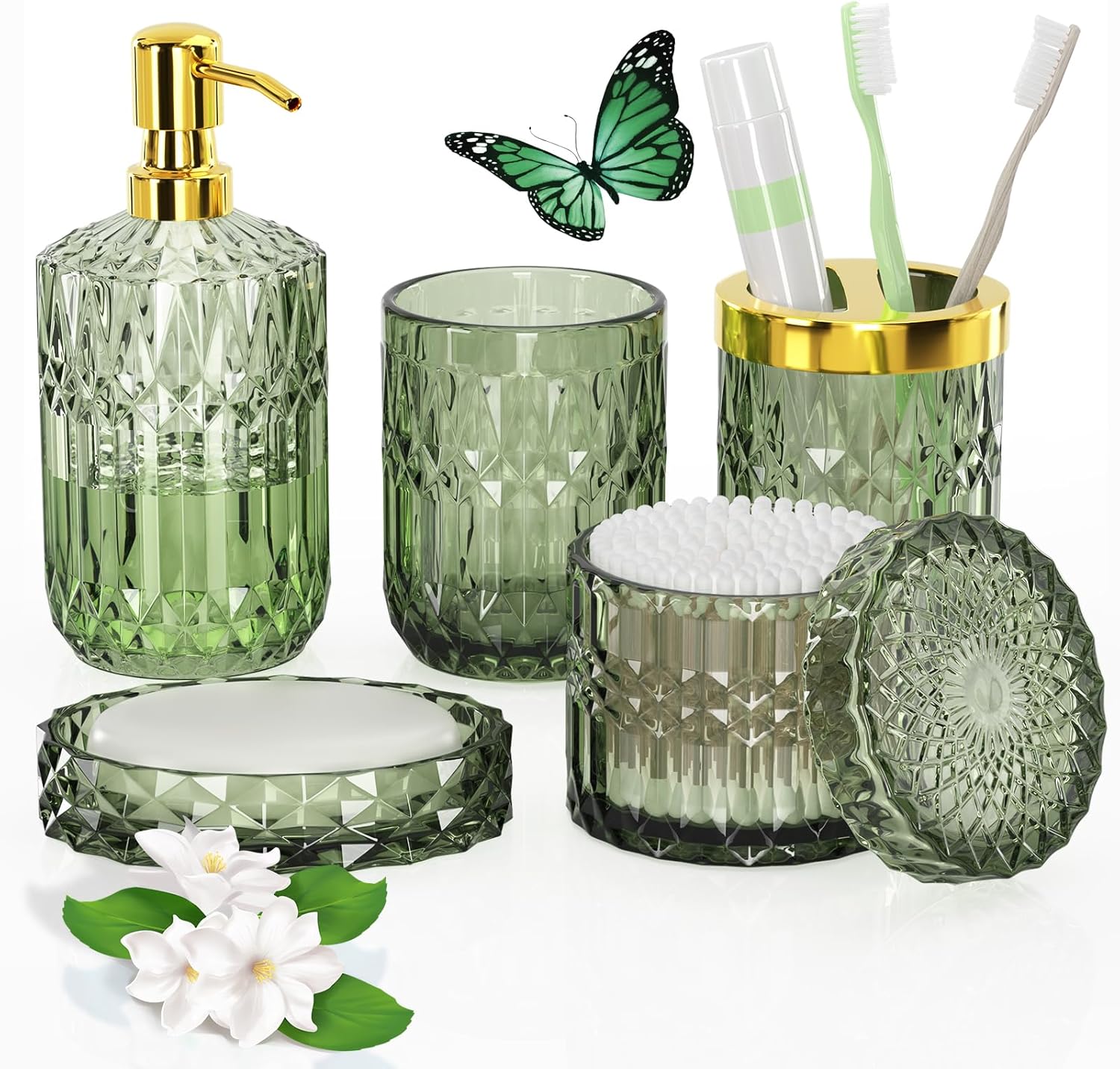 Green Bathroom Accessories Set, 5 Pcs Clear Glass Bathroom Accessories Sets with...