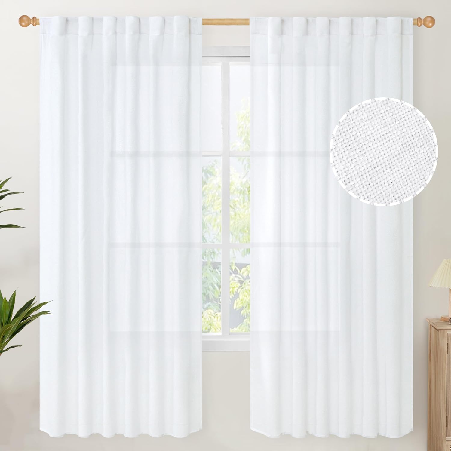 YoungsTex White Linen Curtains 72 Inch Length 2 Panels Rod Pocket Light Filterin...