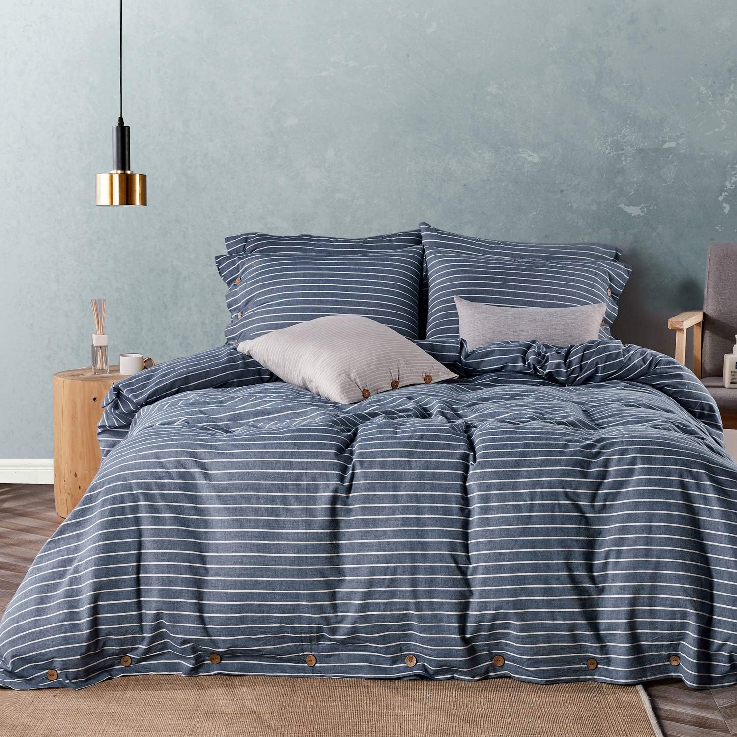 JELLYMONI Pinstriped 100% Washed Cotton Linen Like Duvet Cover Set, 3 Pieces Lux...