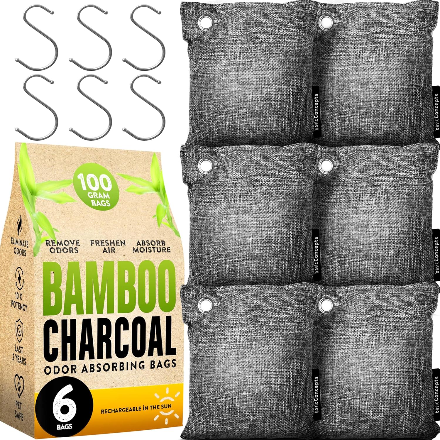 Charcoal Odor Absorber for Strong Odor (6 Pack, 100g each), Bamboo Charcoal Air...
