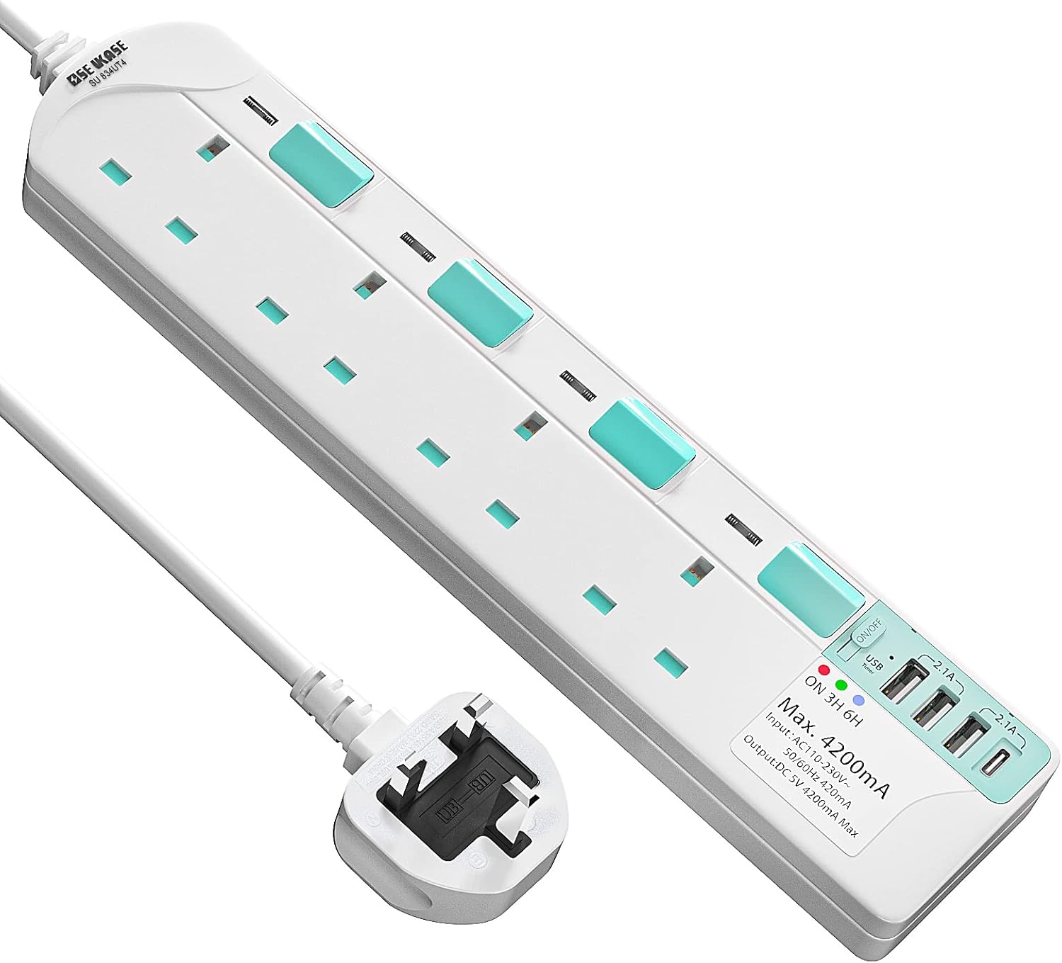 SE UKASE Extension Lead with USB Slots(5V/4.2A),USB Timer, 4 Way Plug Sockets wi...