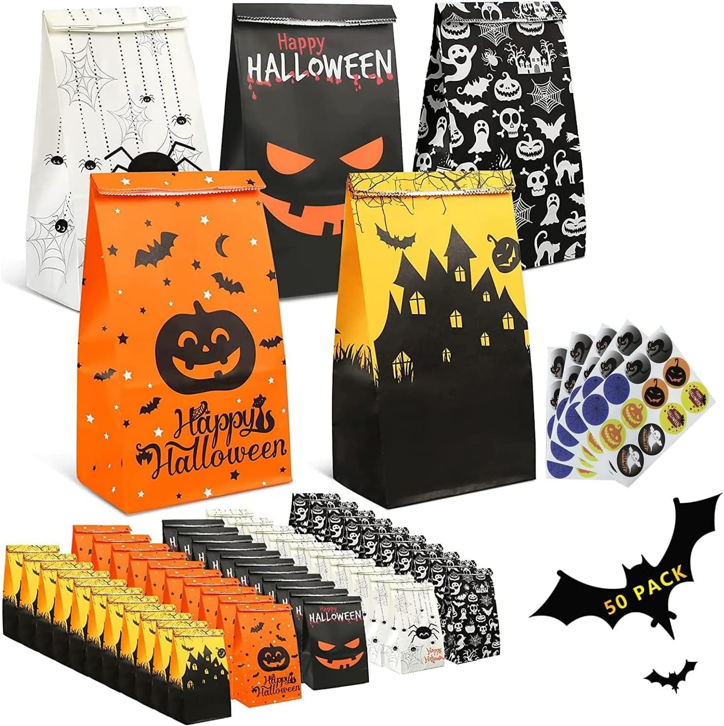 Halloween Paper Gift Bags for Kids, Special TOOELMON Sweet Treat Candy Bags 50 P...