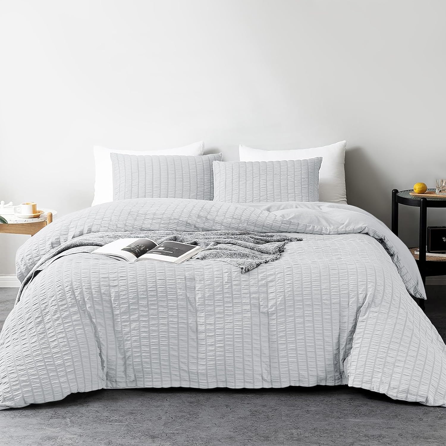My Home Store Seersucker Grey Double Duvet Cover Set, Special Soft Breathable 3...