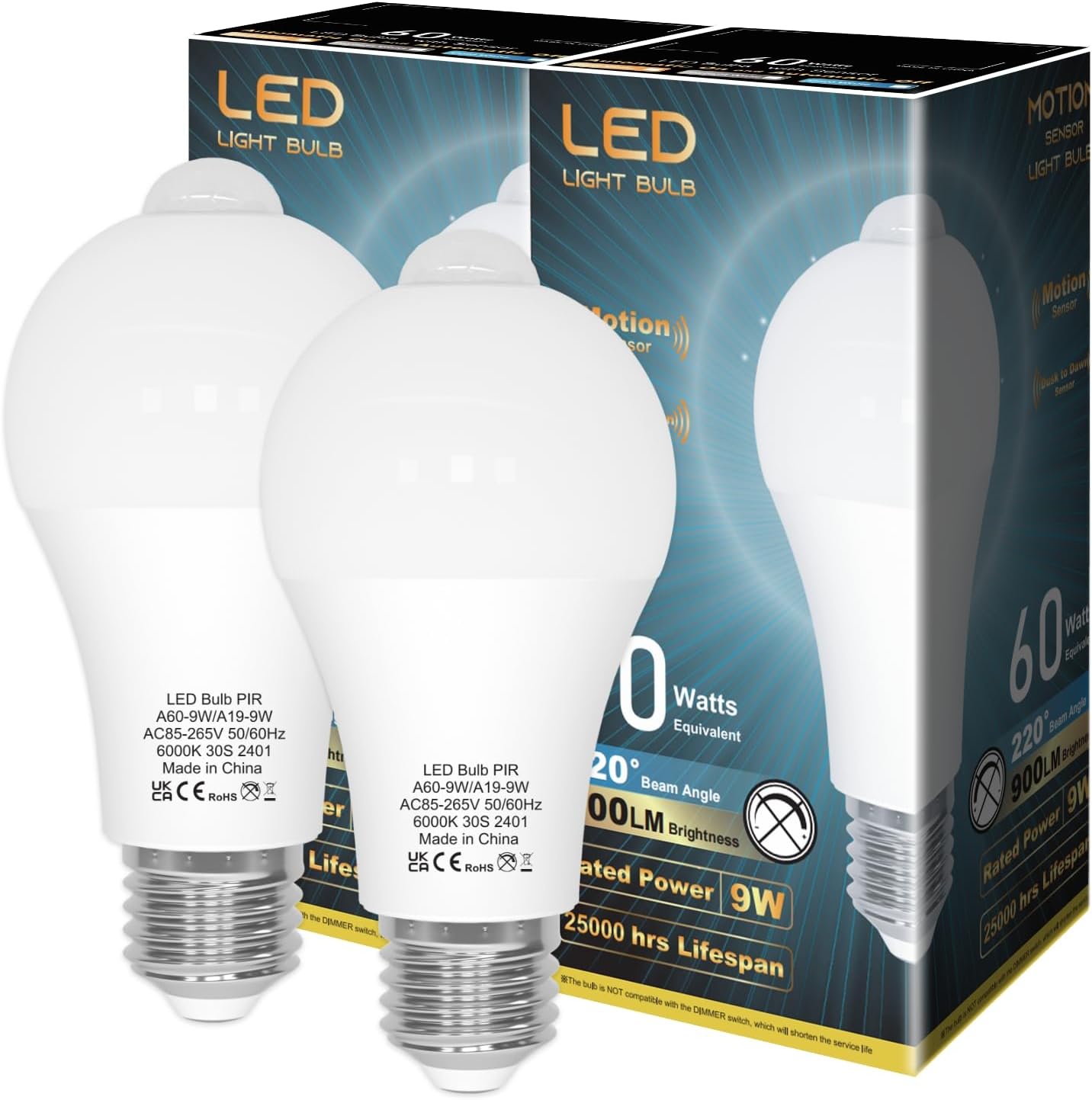 LUTW Motion Sensor Light Bulb, E27 Screw Bulb Equivalent 60W Incandescent, Cool...