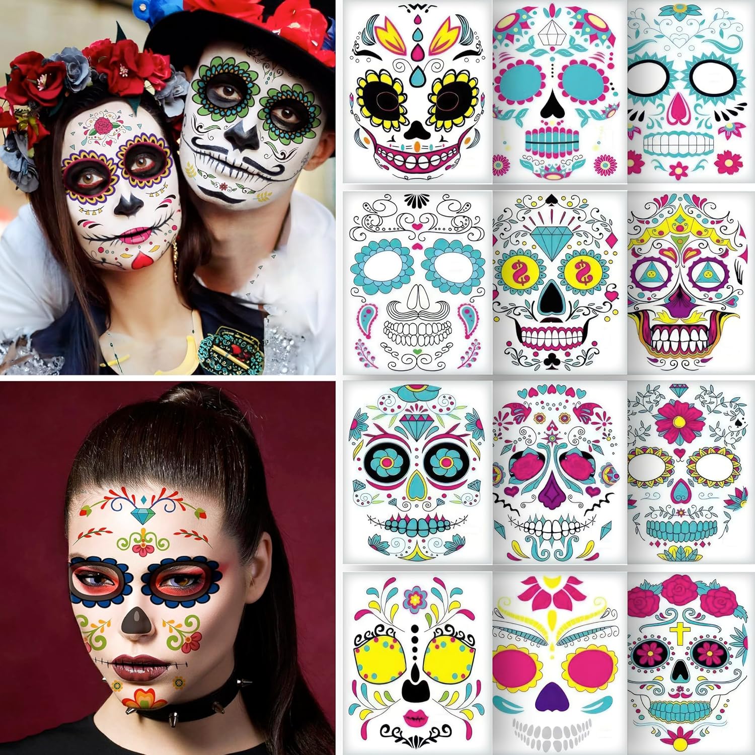 12 PCS Day of the Dead Costume Tattoos for Halloween - Temporary Sugar Skull Fac...