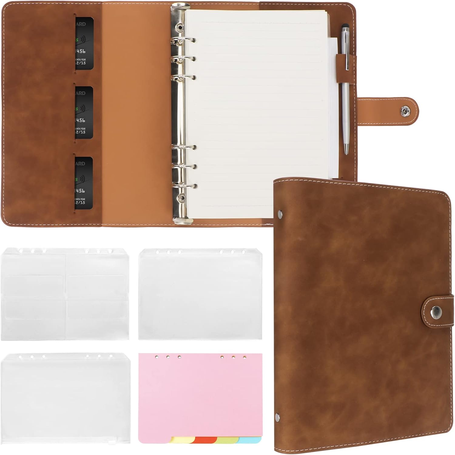 FYY Leather A5 Ring Binder Notebook, 6 Ring A5 Binder with A5 Refill Papers, Bin...