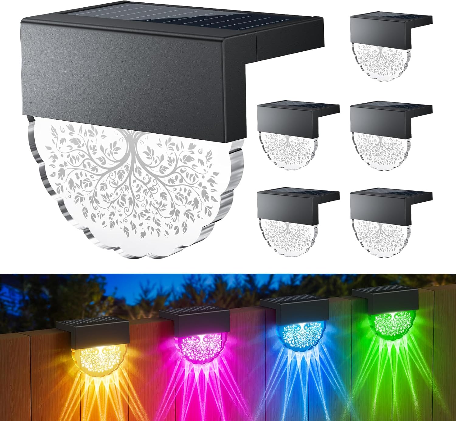 RECHOO Solar Lights Outdoor Garden, 6 Pack Solar Fence Lights with Warm/Color Li...