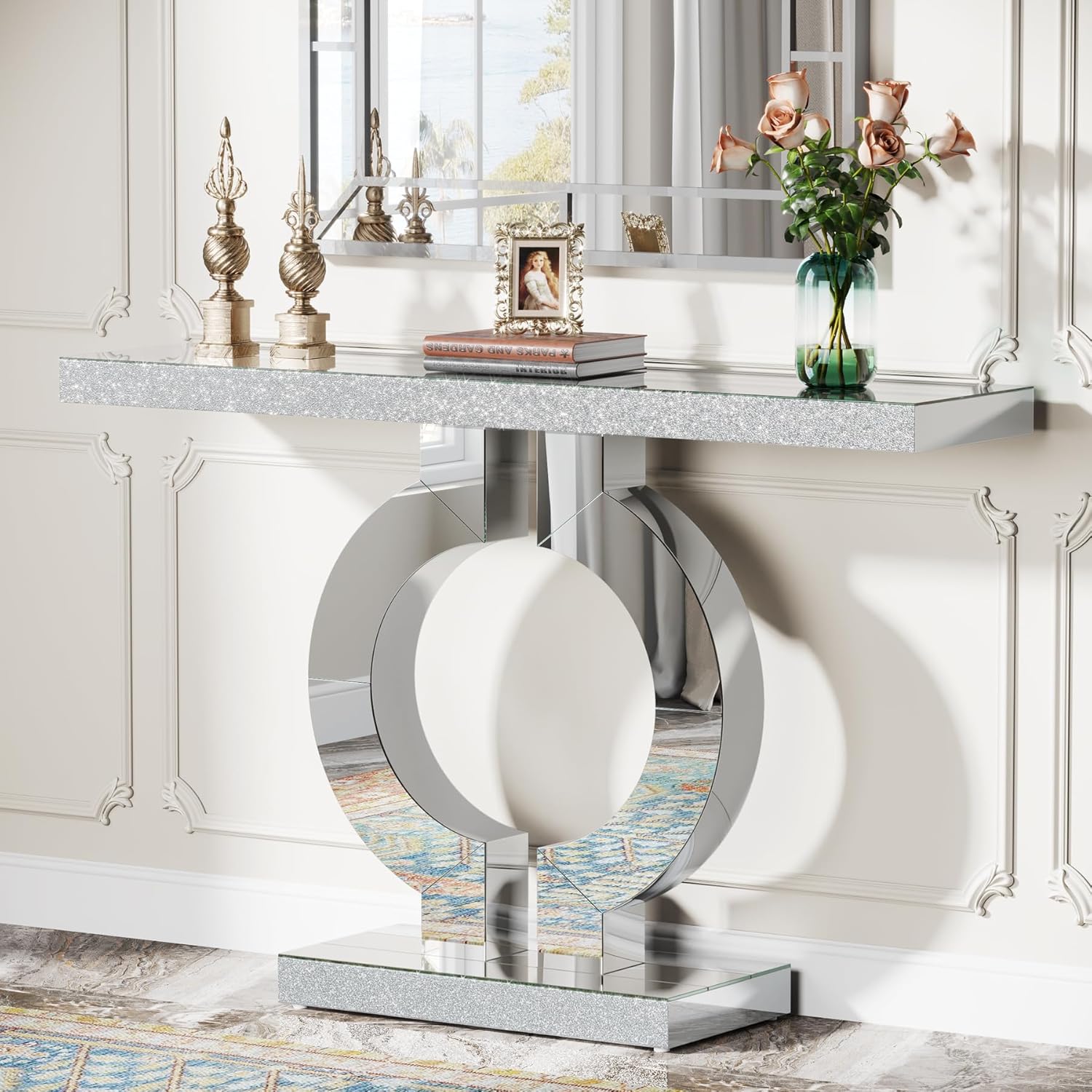 Tribesigns 43-Inch Mirrored Console Table with O-Shaped Base, Modern Entryway Ta...