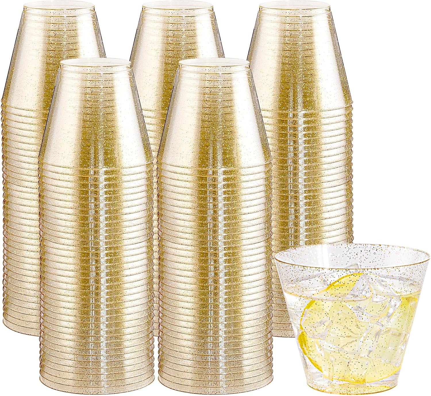 I00000 200pcs Gold Plastic Cups - 9 OZ Hard Gold Glitter Disposable Cups For Coc...