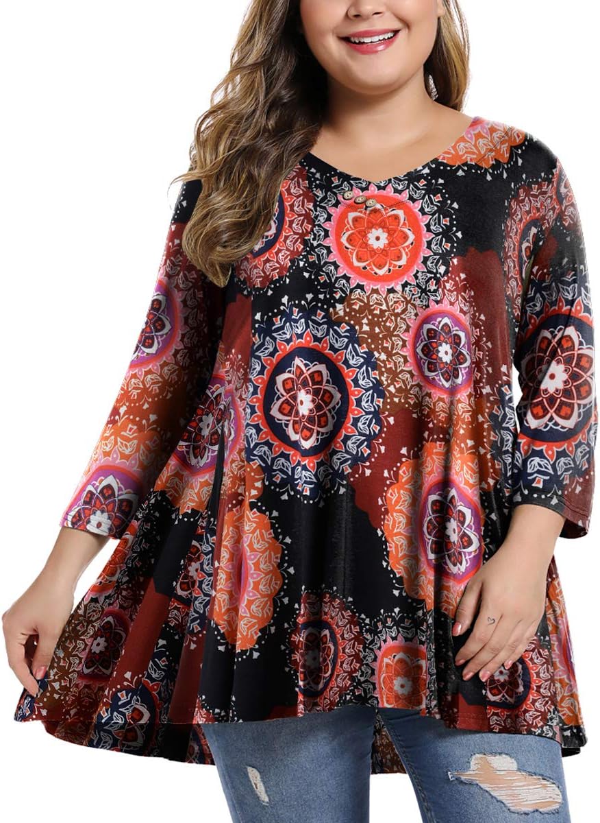 MONNURO Women's Plus Size Tunic Tops, Special 3/4 Sleeve V Neck Button Casual Lo...