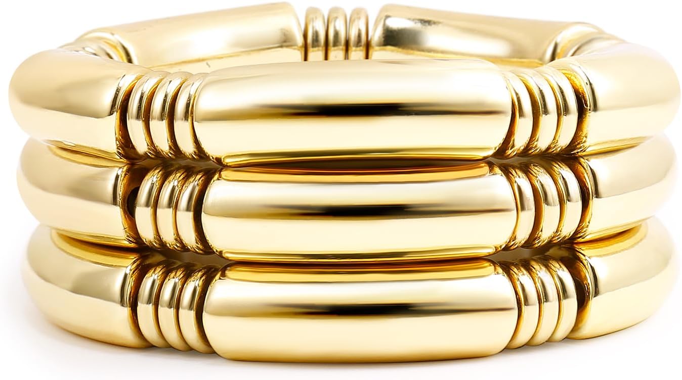 Gold Chunky Bangles Bracelets For Women 14k Gold Plated Stack Layered Curved Bam...