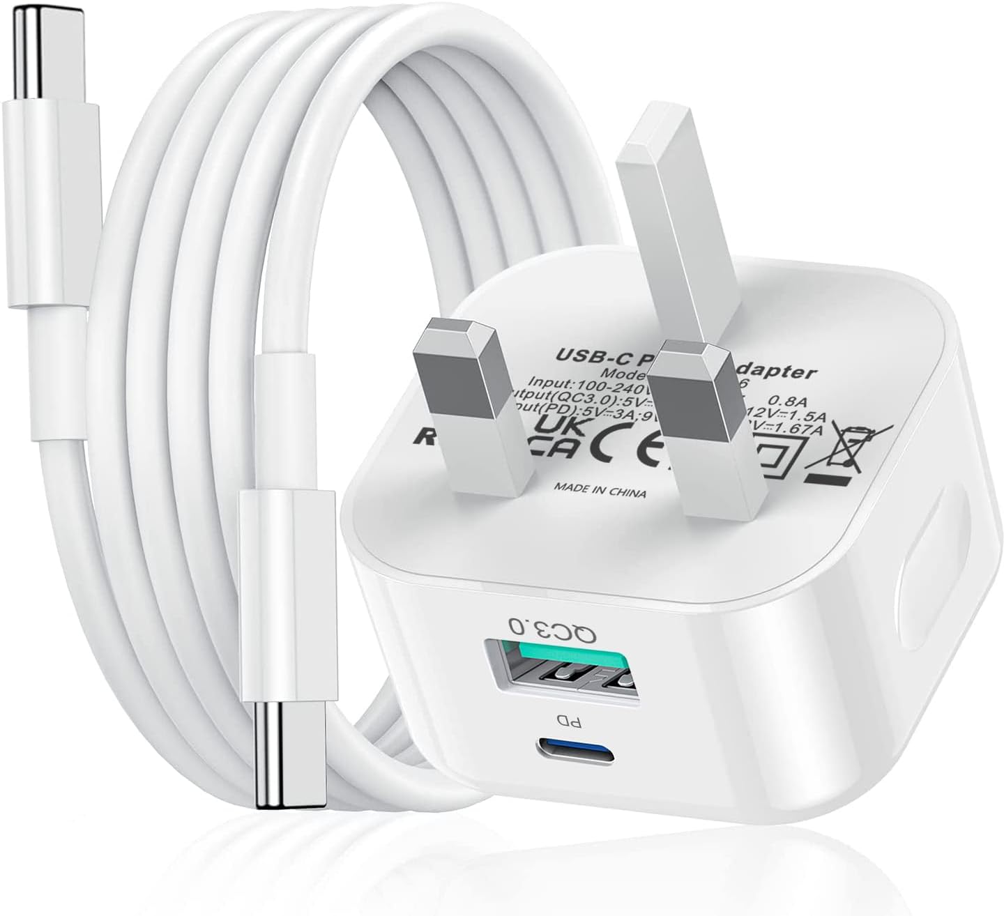 USB C Plug and Cable 1M for iPhone 16 Charger, Type C PD Charging Plug UK with C...