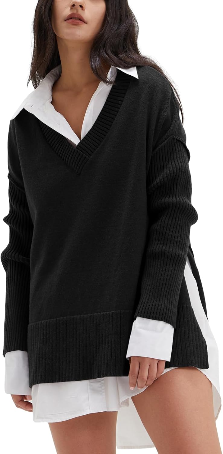 DEEP SELF Women's V Neck Oversized Sweaters Long Batwing Sleeve Split Hem Pullov...