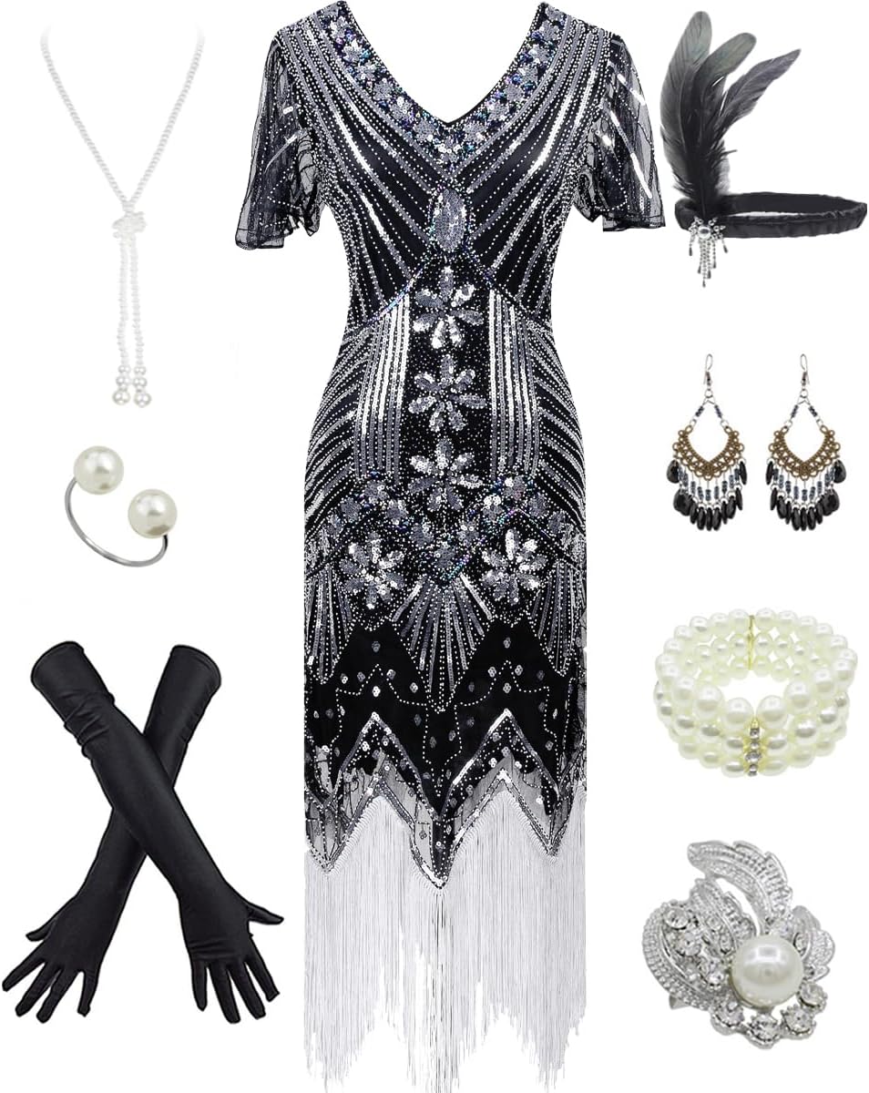 Fancy Clothing Women's 1920s Gatsby Inspired Dress, Special Sequin Beads Long Fr...