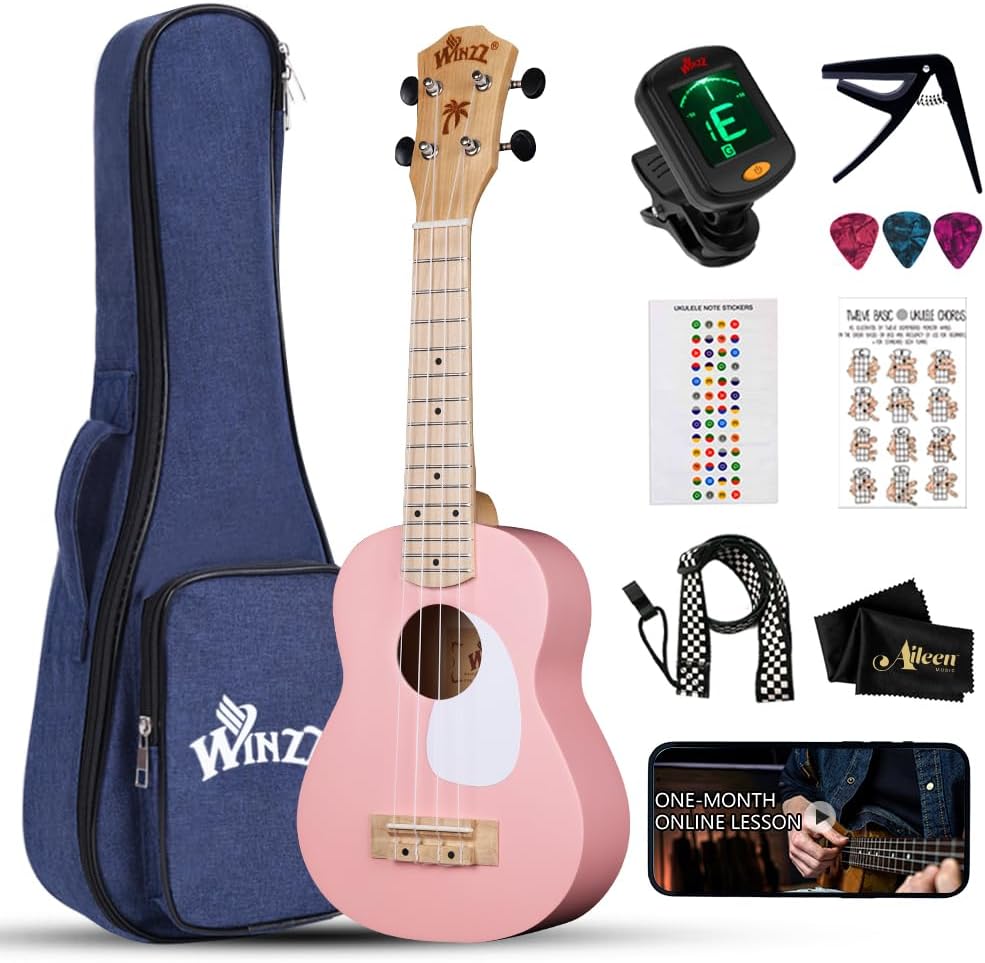 WINZZ Soprano Ukulele for Beginners, 21 Inch Hawaiian Wood Ukelele Kit for Kids...