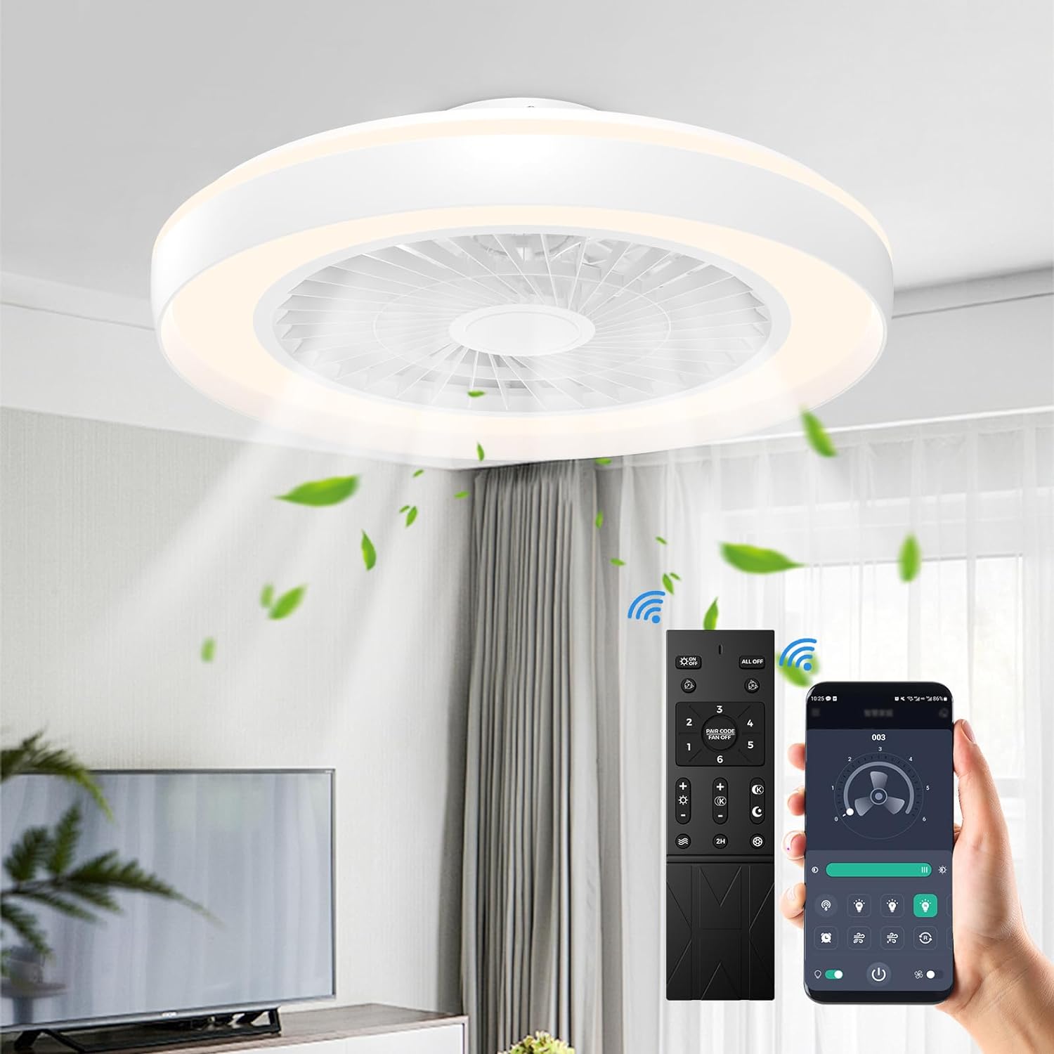 Modern Ceiling Fans with Lights - 19 inch Low Profile Enclosed Flush Mount Led C...