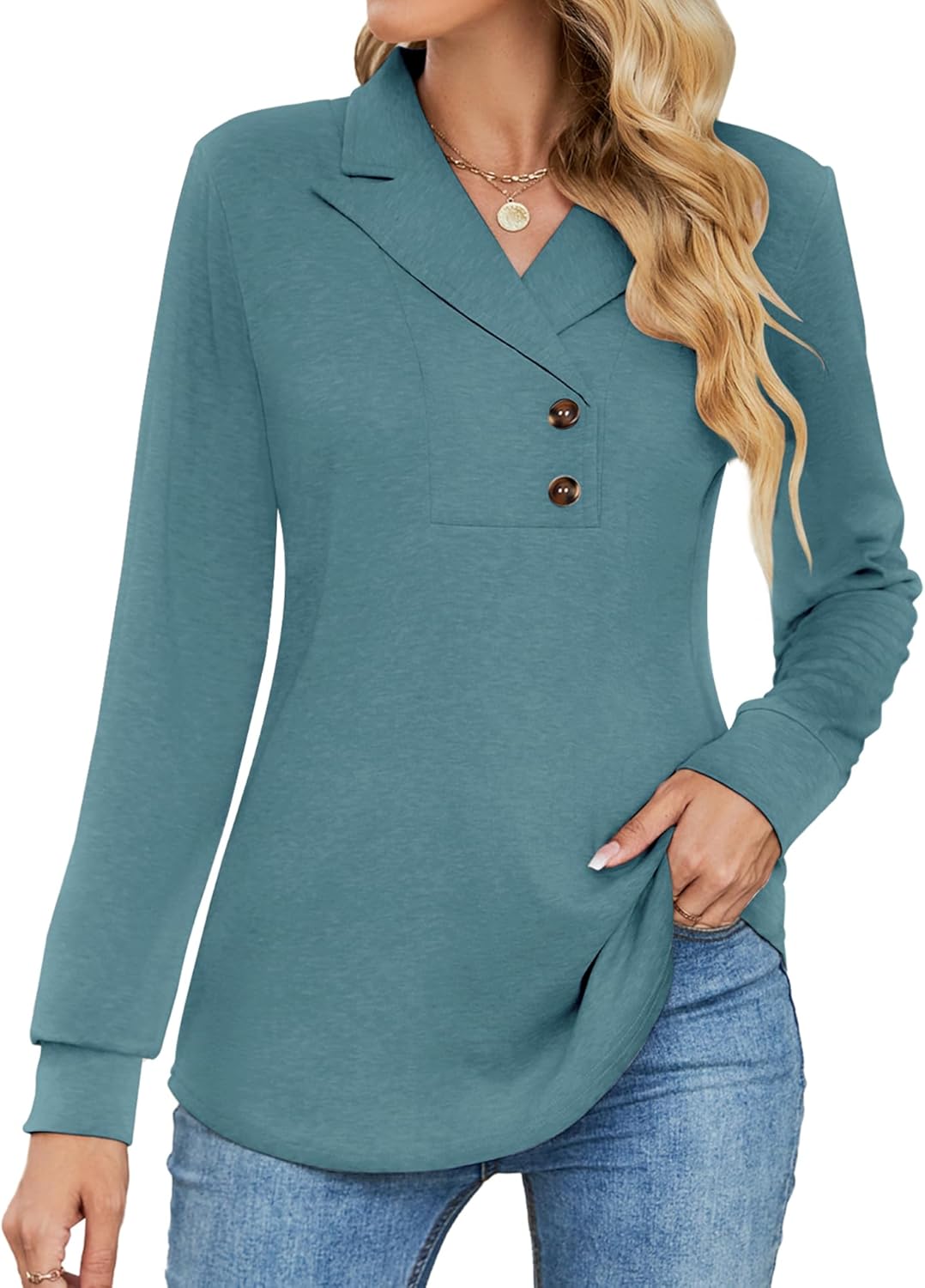 Micoson Women's Top, Special Long Sleeve Button Lapel Tunic Tops, Innovative V N...