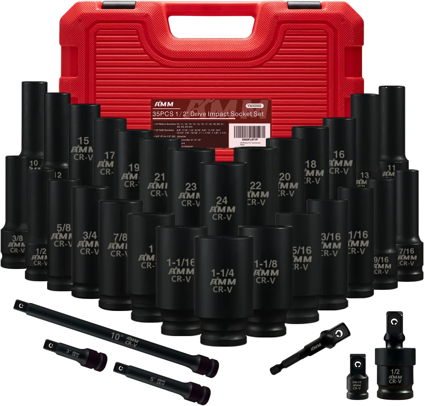 AMM 1/2" Drive Deep Impact Socket Set, 35-Piece Socket set SAE 3/8 to 1-1/4 inch...