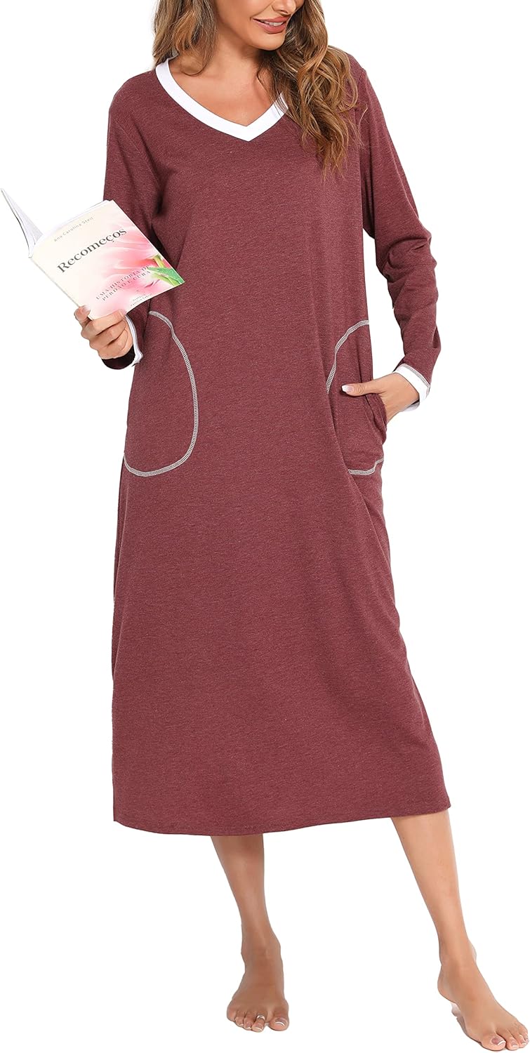 Vlazom Women's Long Nightgowns, Special V Neck Button Down Sleep Shirt, High-Qua...