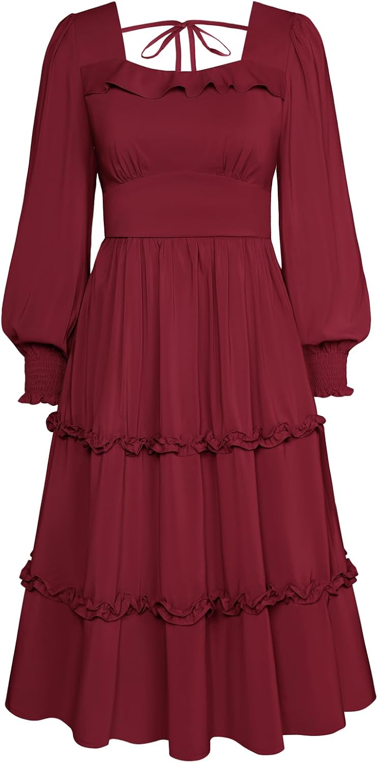 Belle Poque Women's Vintage Square Neck Long Puff Sleeve Tiered Dresses Smocked...