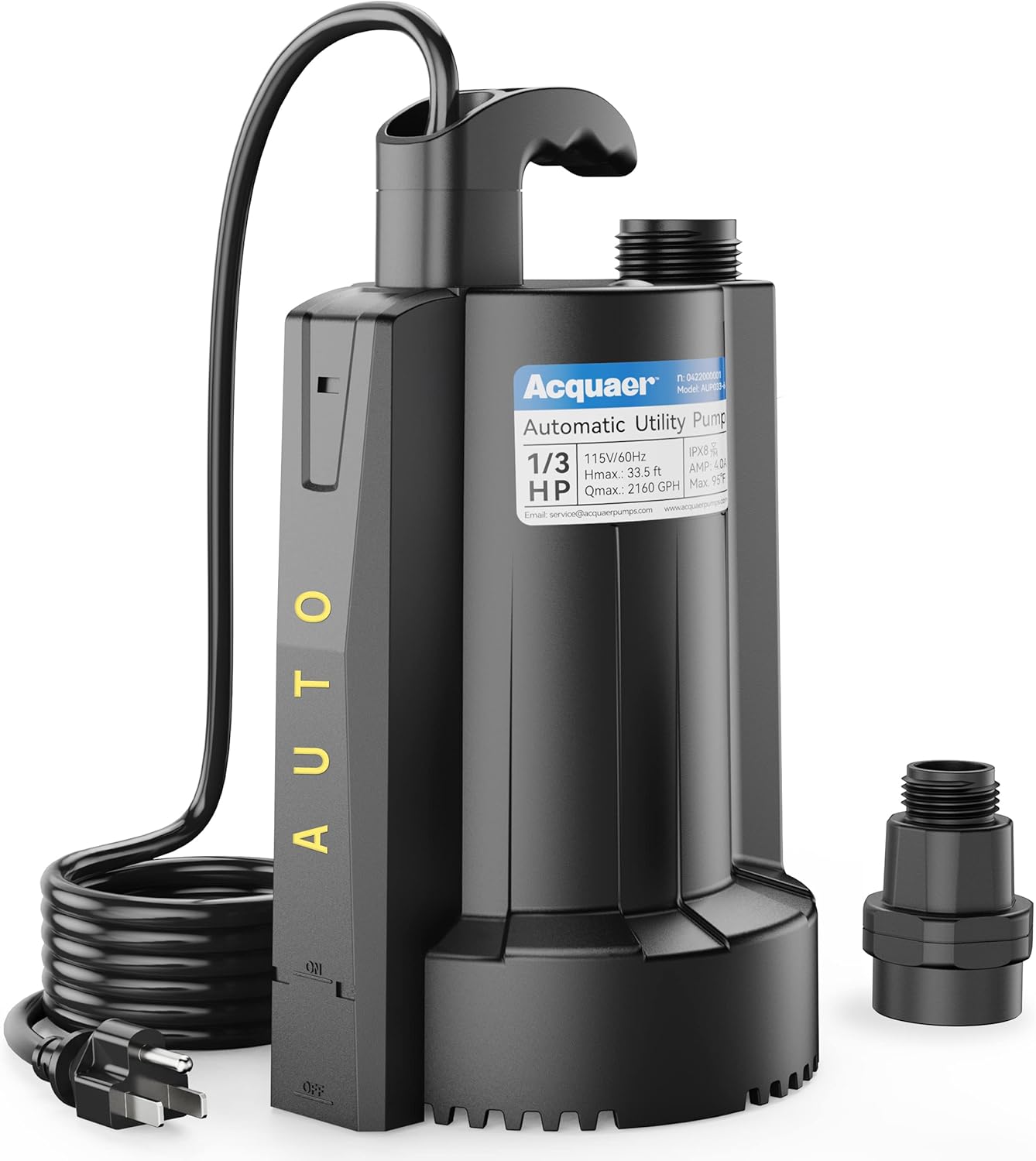 Acquaer 1/3 HP Automatic Submersible Water Sump Pump, 115V with 3/4” Garden Hose...