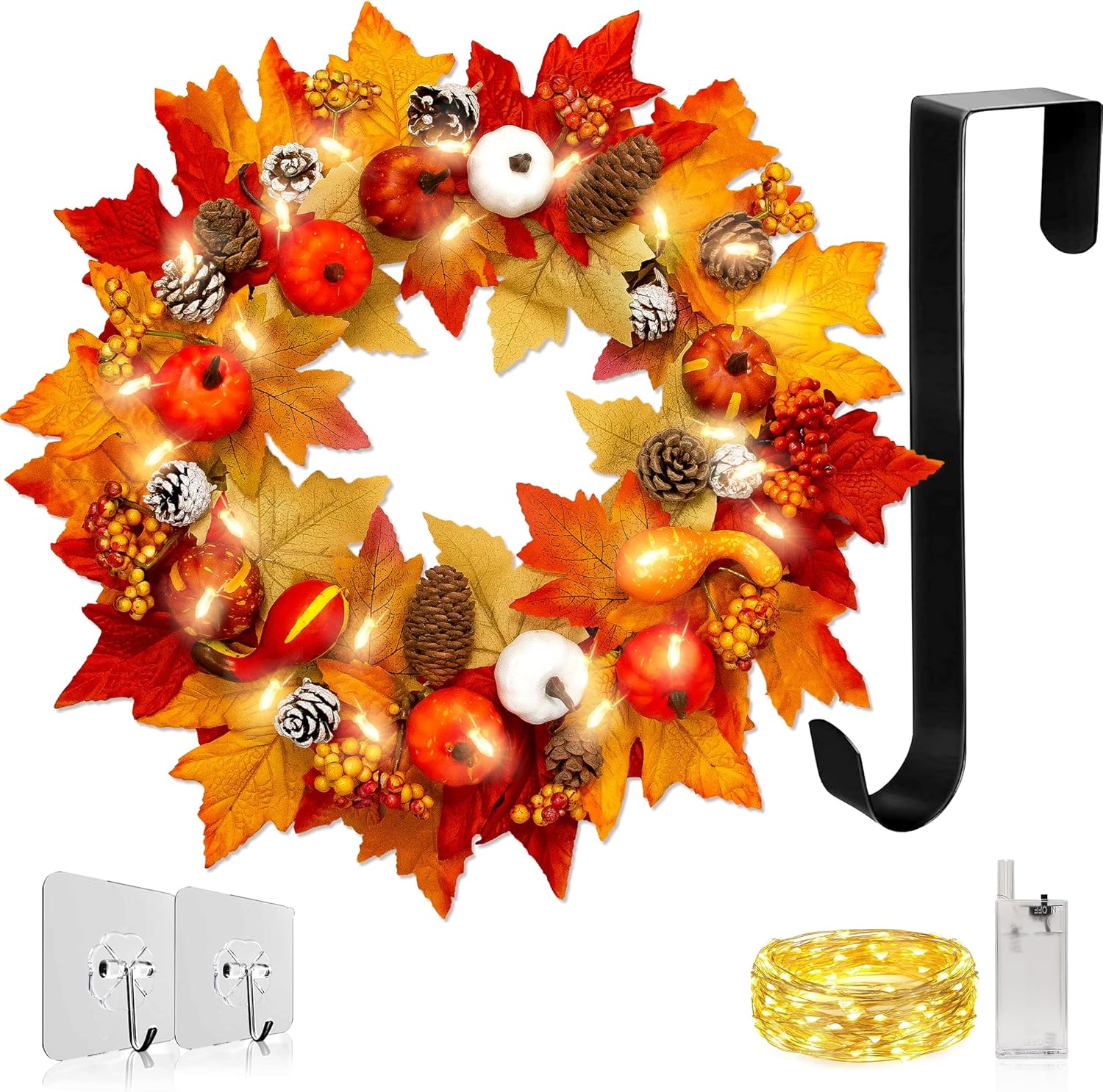 TRINIDa Autumn Wreath Front Door, 17Inch/45CM Outdoor Fall Porch Decor with LED...