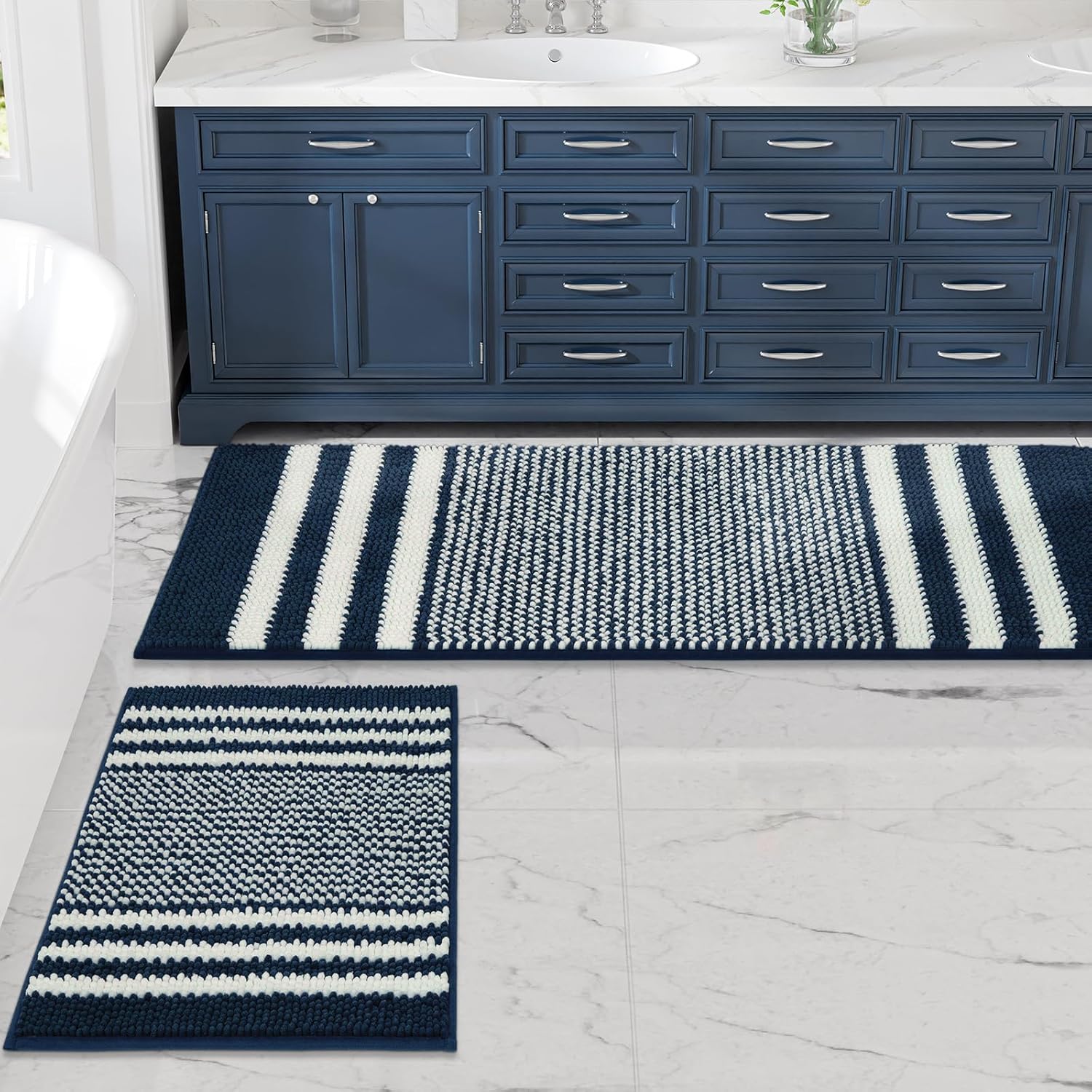 Bathroom Rugs Set, Unique Extra Soft and Absorbent Fluffy Striped Chenille Bath...