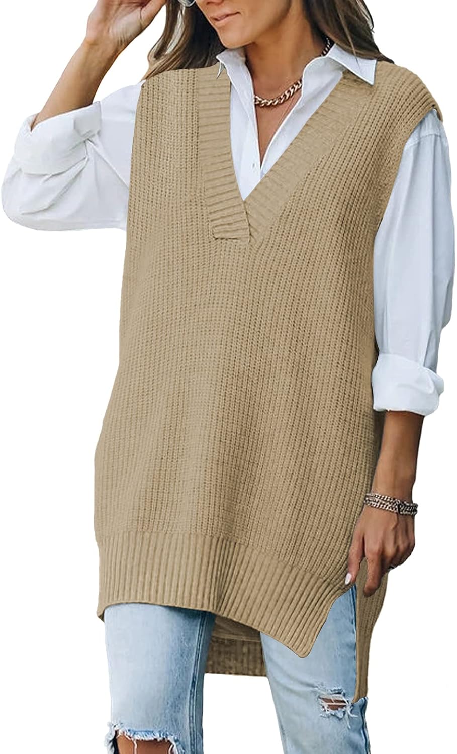 Viottiset Women's Oversized V Neck Knit Sweater Vest, Special Tunic Sleeveless P...