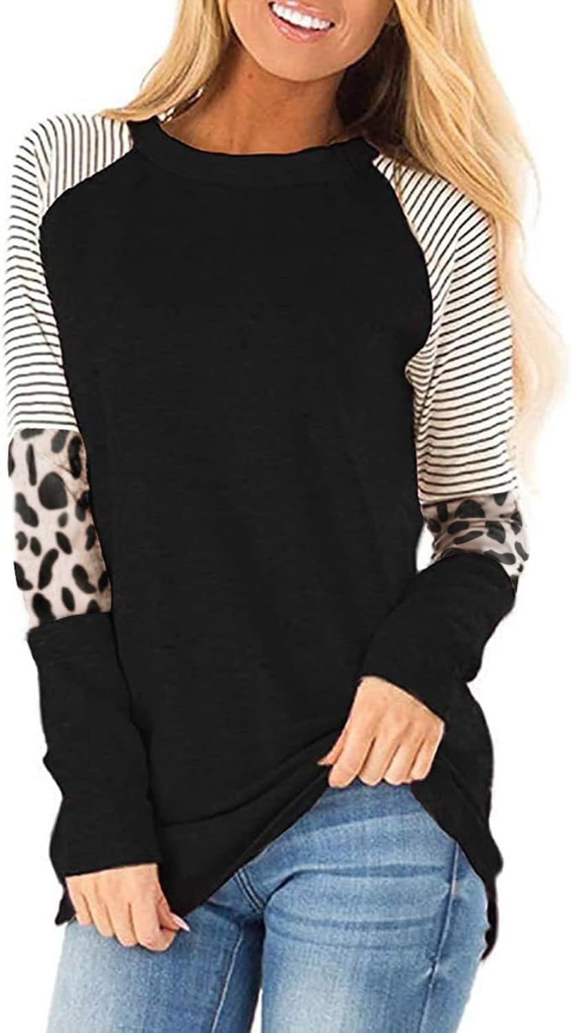 Leopard Print Tops for Women, Special Long Sleeve Crew Neck Patchwork T-Shirt, U...