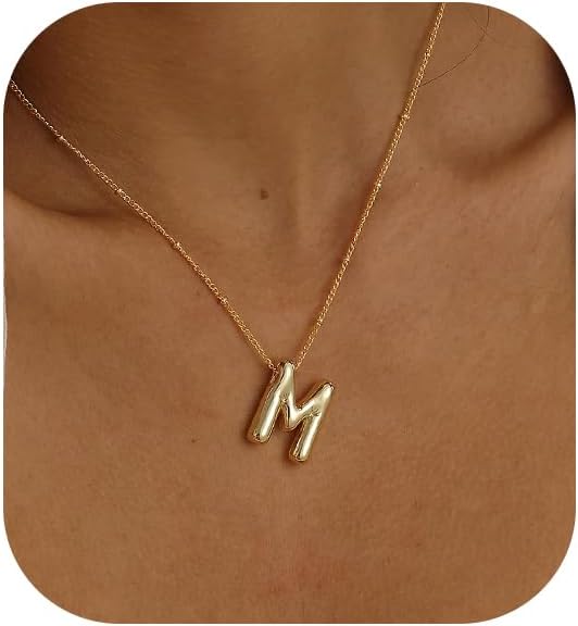 Gold Bubble Letter Necklace for Women, 14k Gold Plated Balloon Initial Letter Pe...
