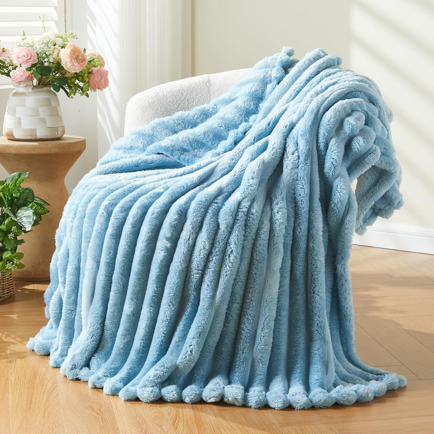 NEWCOSPLAY Super Soft Throw Blanket Blue Premium Silky Flannel Fleece 3D Ribbed...