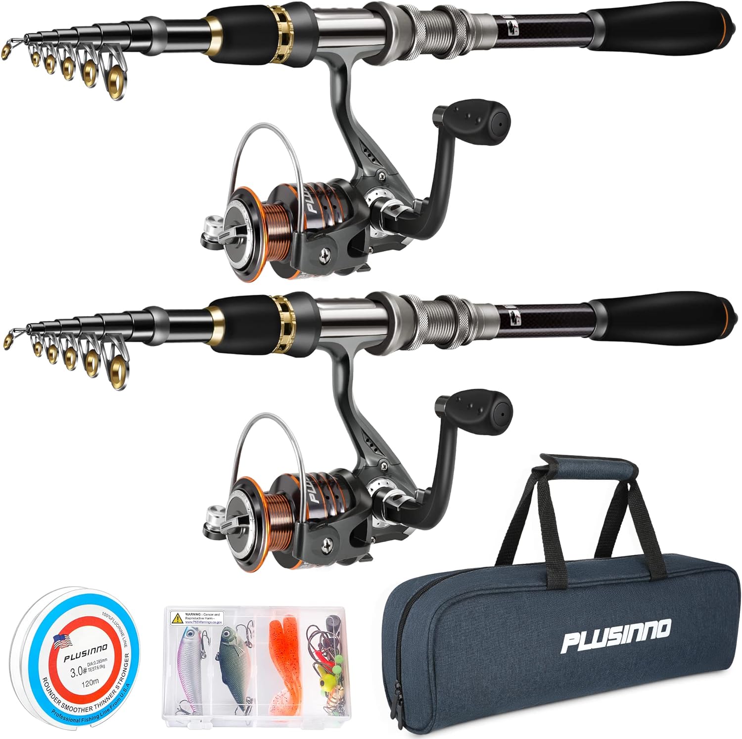 PLUSINNO Telescopic Fishing Rod and Reel Combos Full Kit, Carbon Fiber Fishing P...