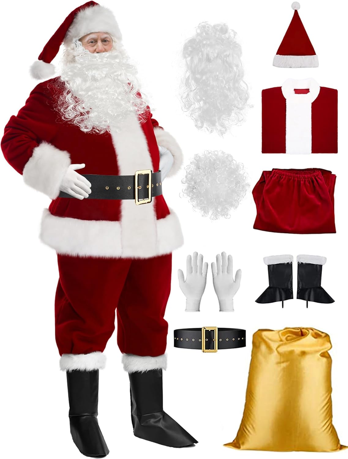 Santa Claus Costume for Men 9PCS, Christmas Santa Costume Adult Deluxe Santa Sui...