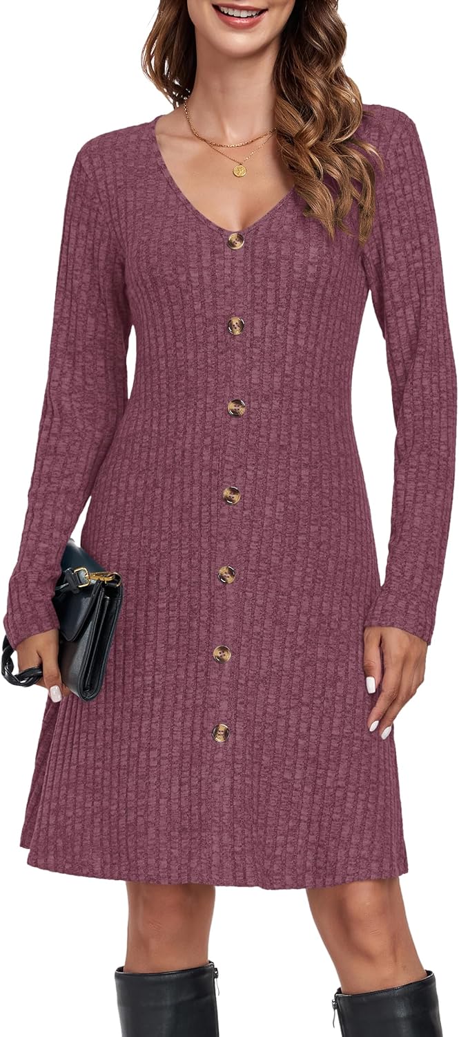 MOLERANI Women V Neck Long Sleeve Fall Dresses 2024 Knee Length Knit Casual Swea...
