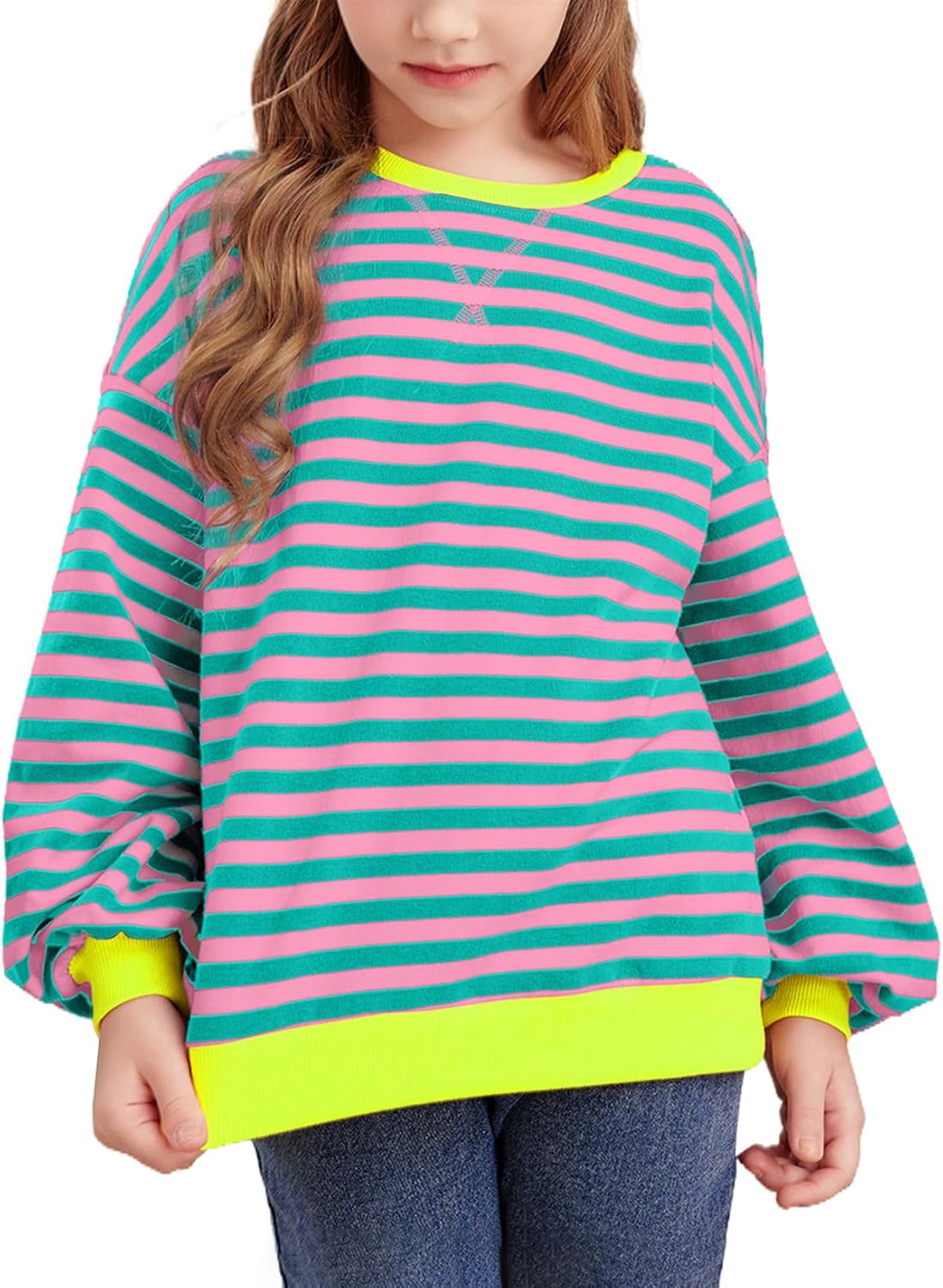 blibean Girls Cotton Long Sleeve Sweathirts Striped Color Block Tops Size 6-15 Y...