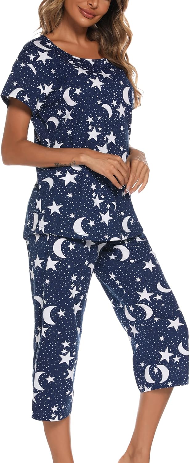 ENJOYNIGHT Womens Pajama Sets Cotton Pj Set Short Sleeve Top With Capri Pants Sl...