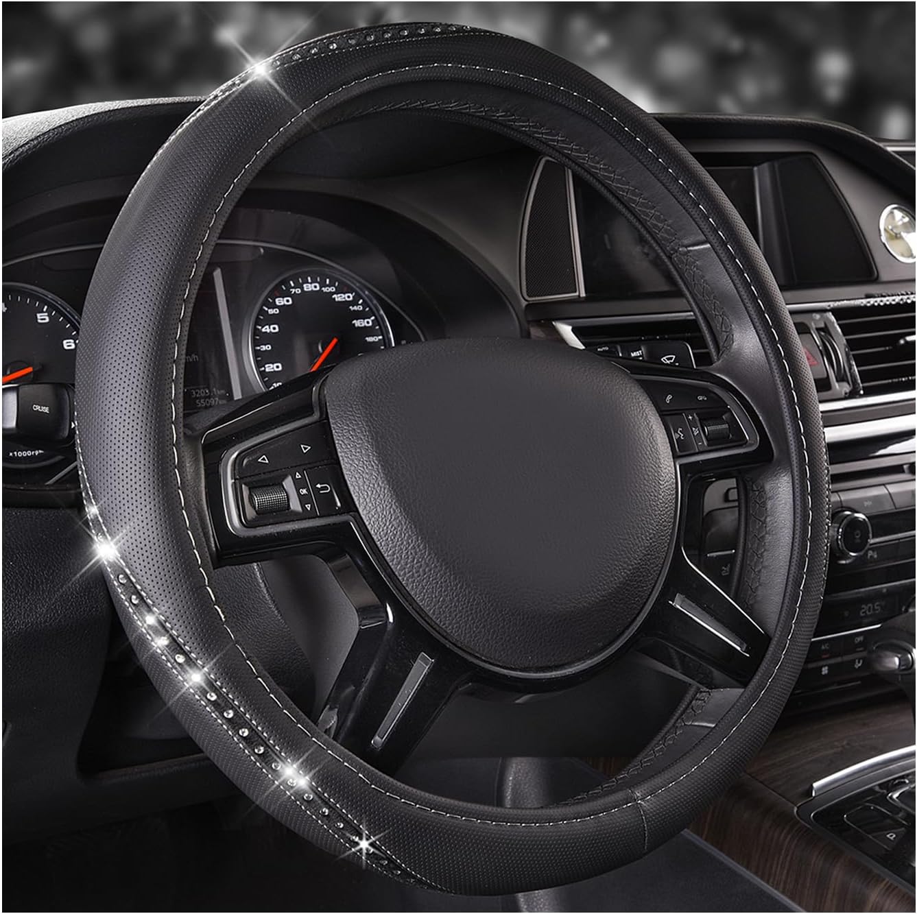 CAR PASS Bling Diamond Black Leather Steering Wheel Cover, Studded Crystal Rhine...