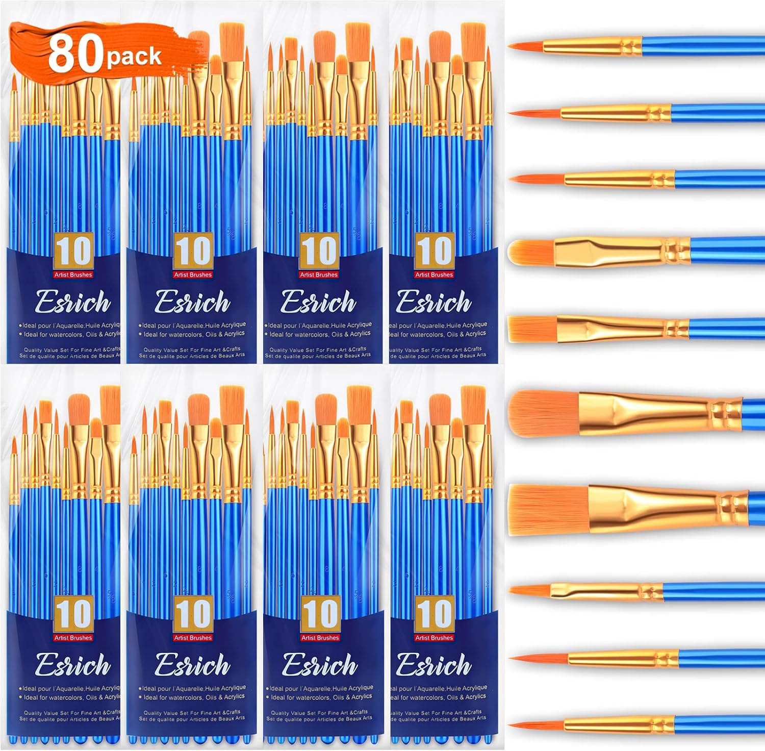 ESRICH Acrylic Paint Brushes Set,8Packs /80 Pcs, Nylon Brush Head, Suitable for...