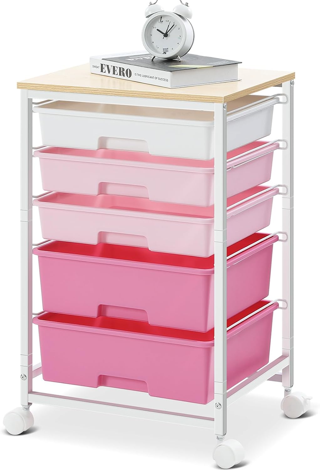 Utility Cart with 5 Drawers,Storage Drawer Cart with Wooden Tabletop and Lockabl...
