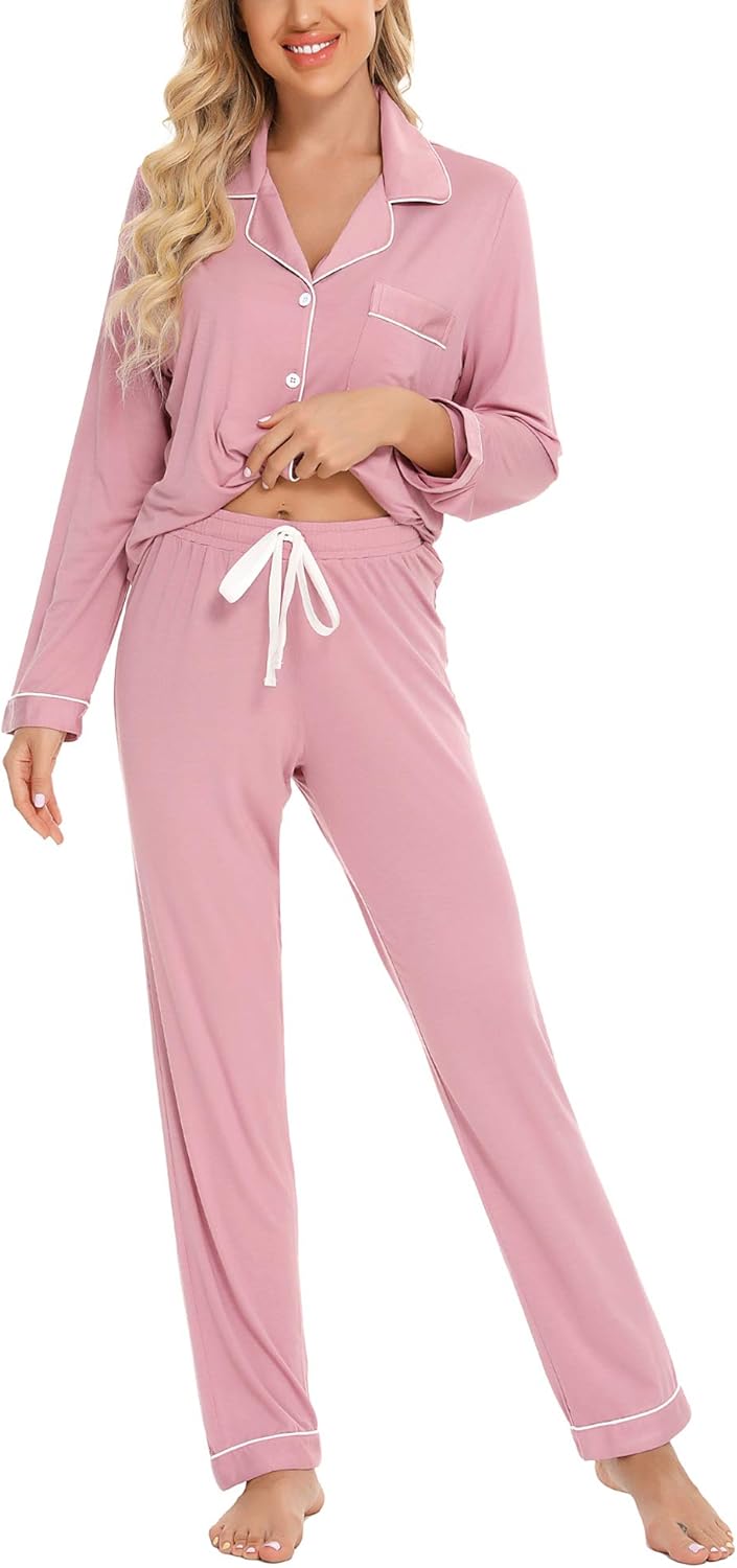 Anjue Pajamas for Women Soft Button Up Pajama Set Long Sleeve Shirt and Pajama P...
