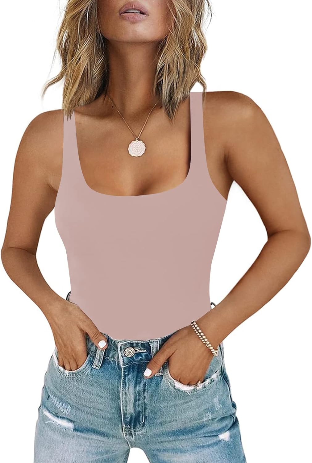 Chunpin Women's Bodysuit, Special Square Neck Sleeveless Bodysuit, Innovative Do...