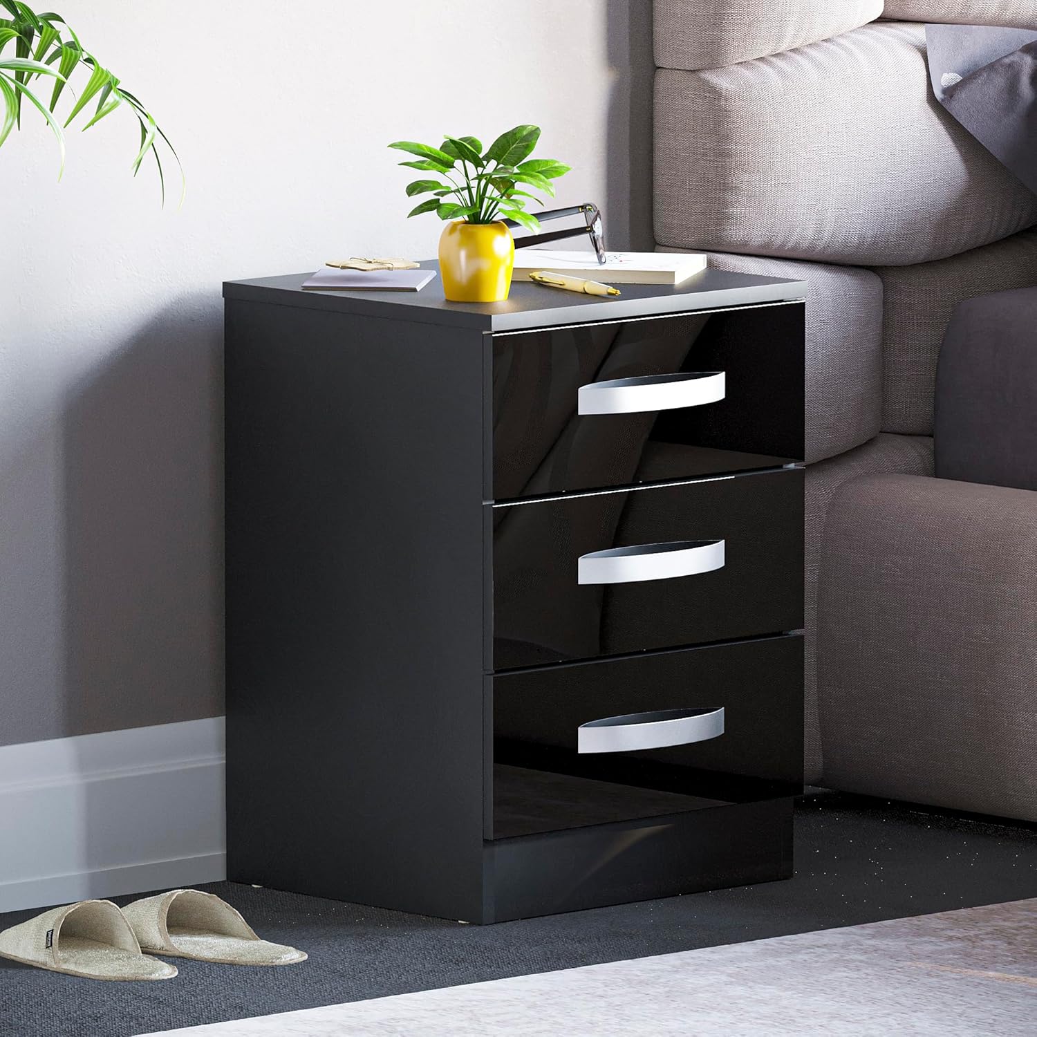 Vida Designs High Gloss Bedside Tables, Nightstand Side Table (Black, 3 Drawer)...