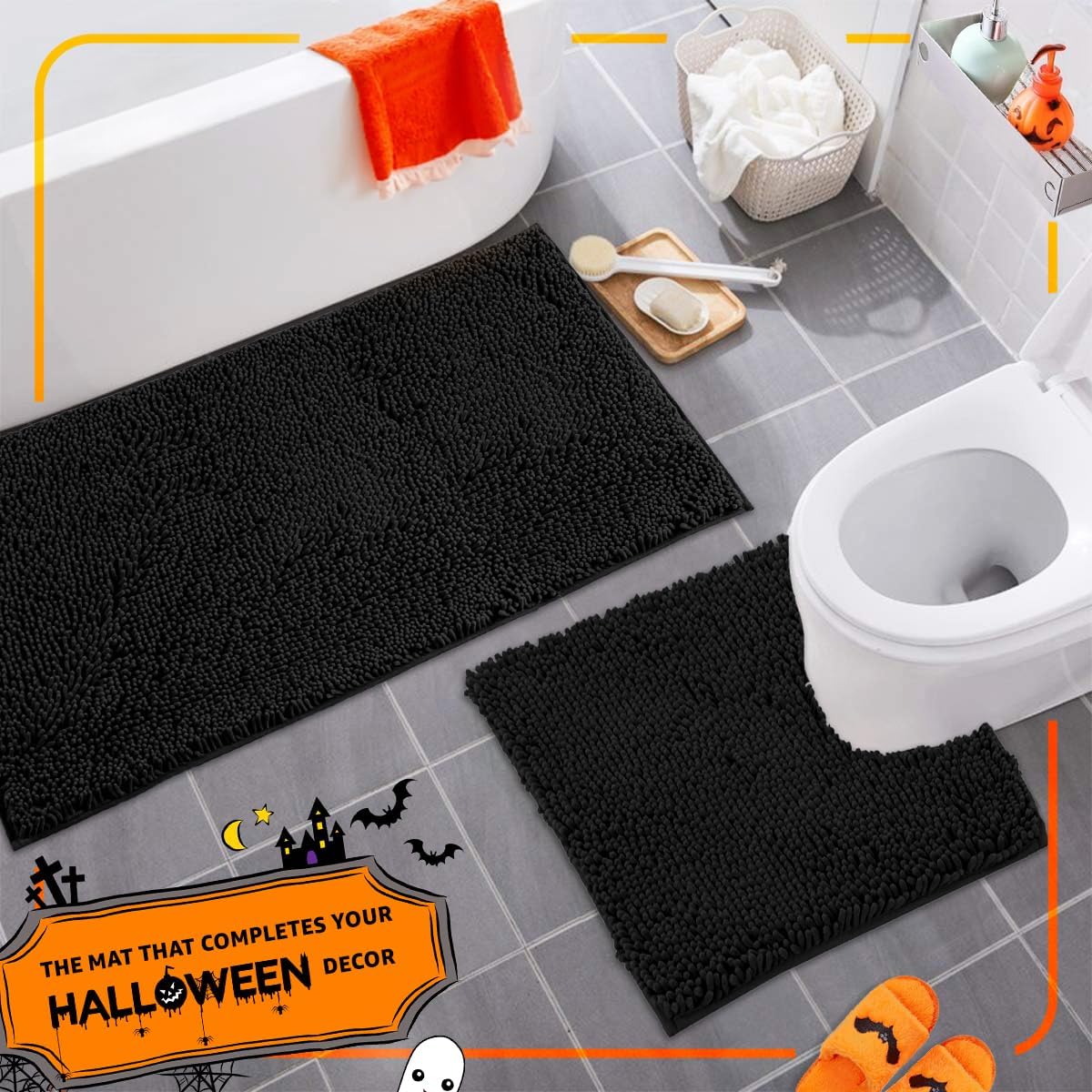 Luxury Black Bathroom Rugs, Special 2-Piece Set Soft Plush Anti-Slip Bath Rug an...