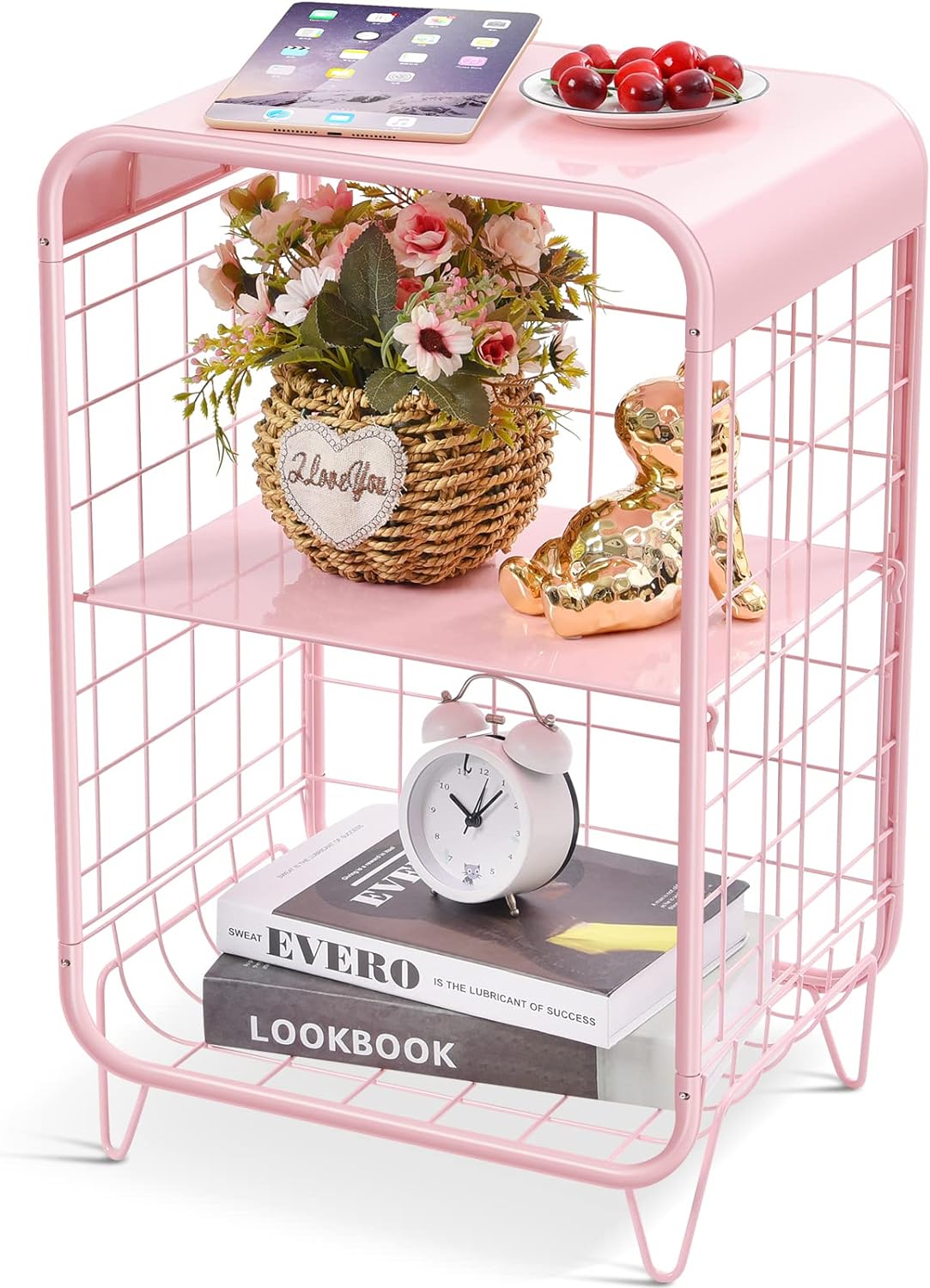 APEXCHASER Cute Pink Nightstand,Metal Side Table,3 Tier End Table with Storage,V...