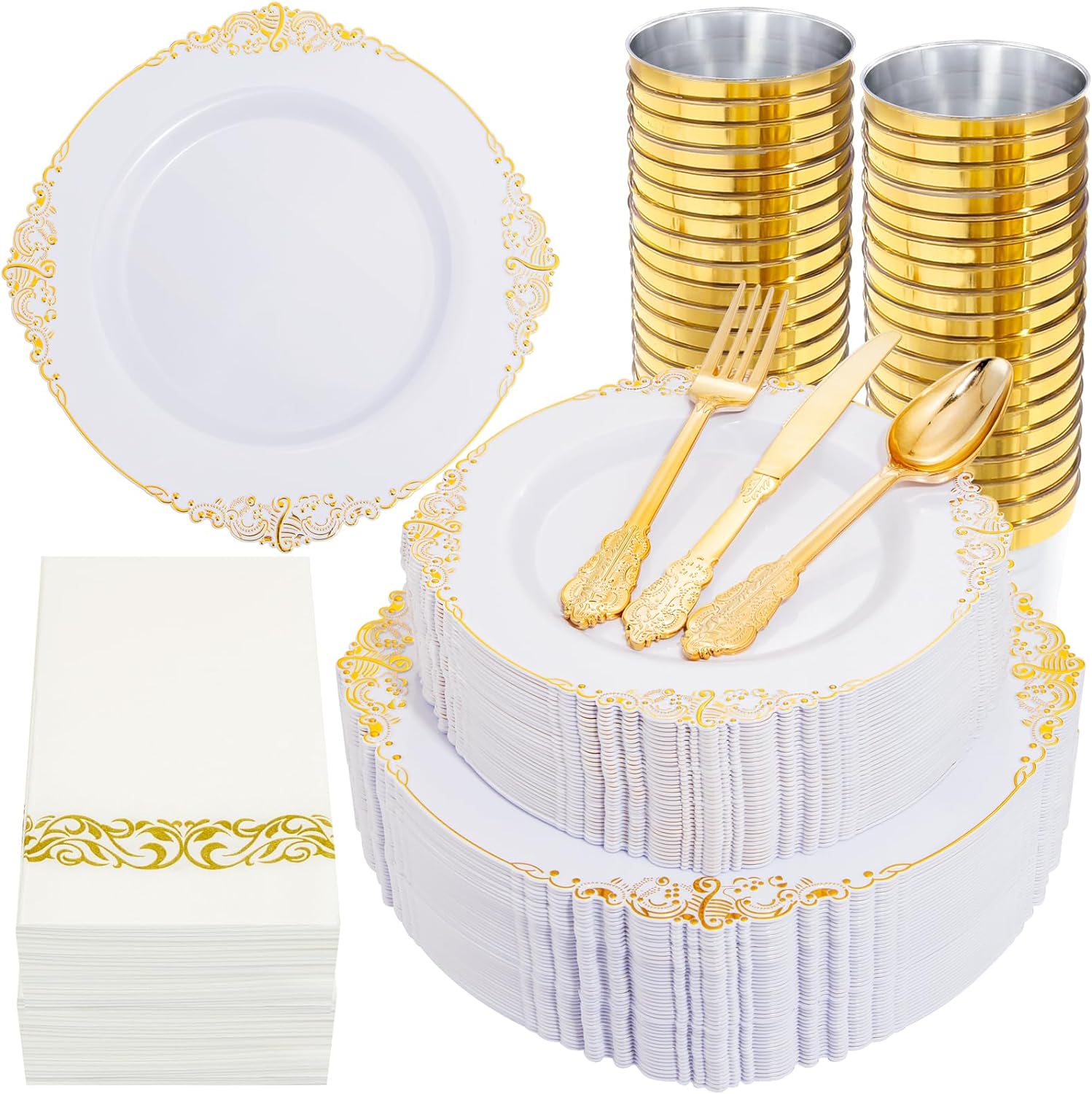 Nervure 350PCS Gold Plastic Dinnerware - White and Gold Disposable Plates for 50...