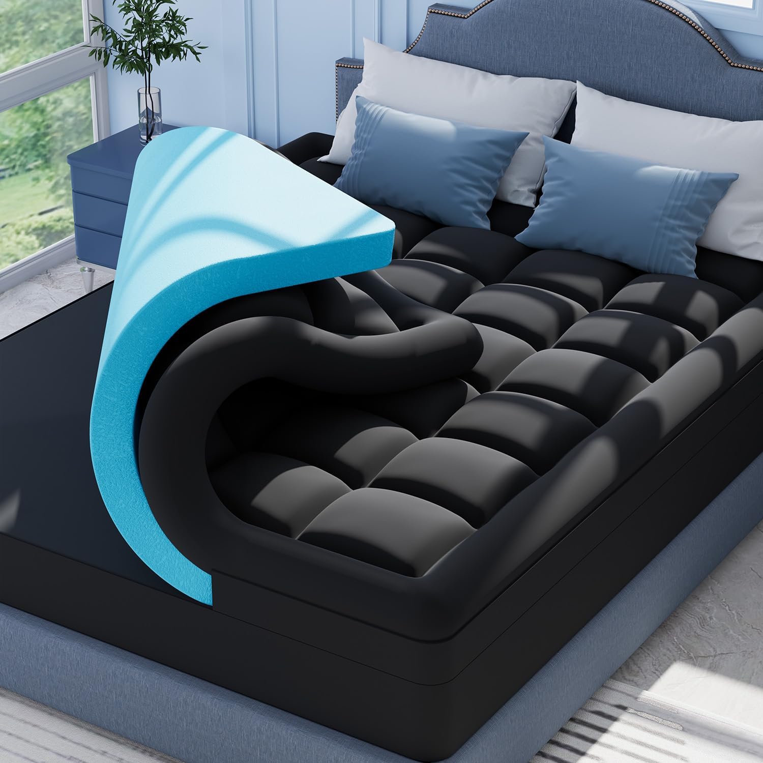 ELEMUSE Black Memory Foam Mattress Topper with Fluffy Pillow Top Cover, Mattress...